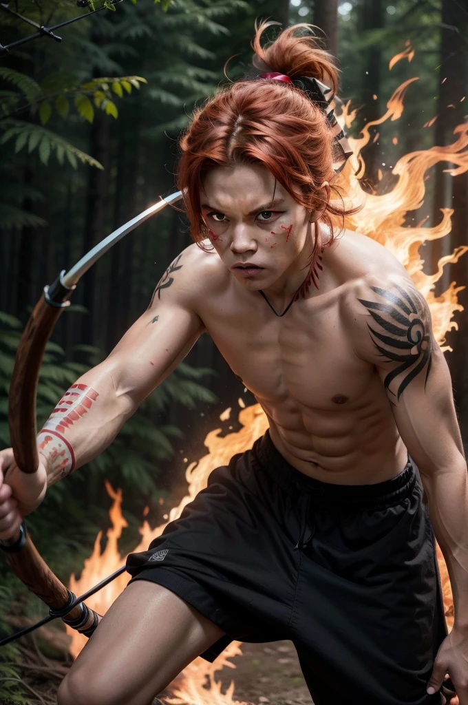 Boy, ager, hair on fire, indigenous, bow and arrow, forest, Red eyes, Fire, Red hair, Indigenous, brown skin, fiery eyes, angry face, Tribal tattoos, black