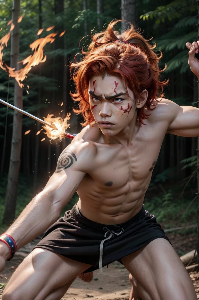 Boy, teenager, hair on fire, indigenous, bow and arrow, forest, Red eyes, Fire, Red hair, Indigenous, brown skin, fiery eyes, angry face, Tribal tattoos, black 