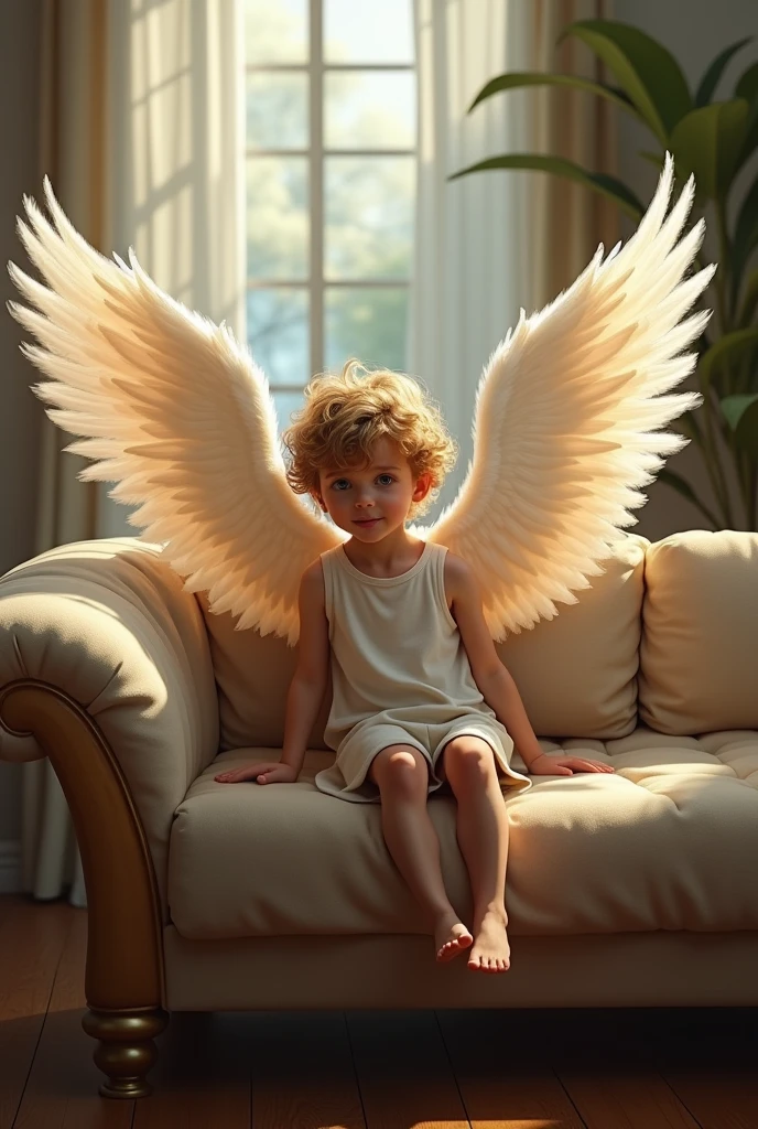 A boy sitting on sofa and the boy has wings