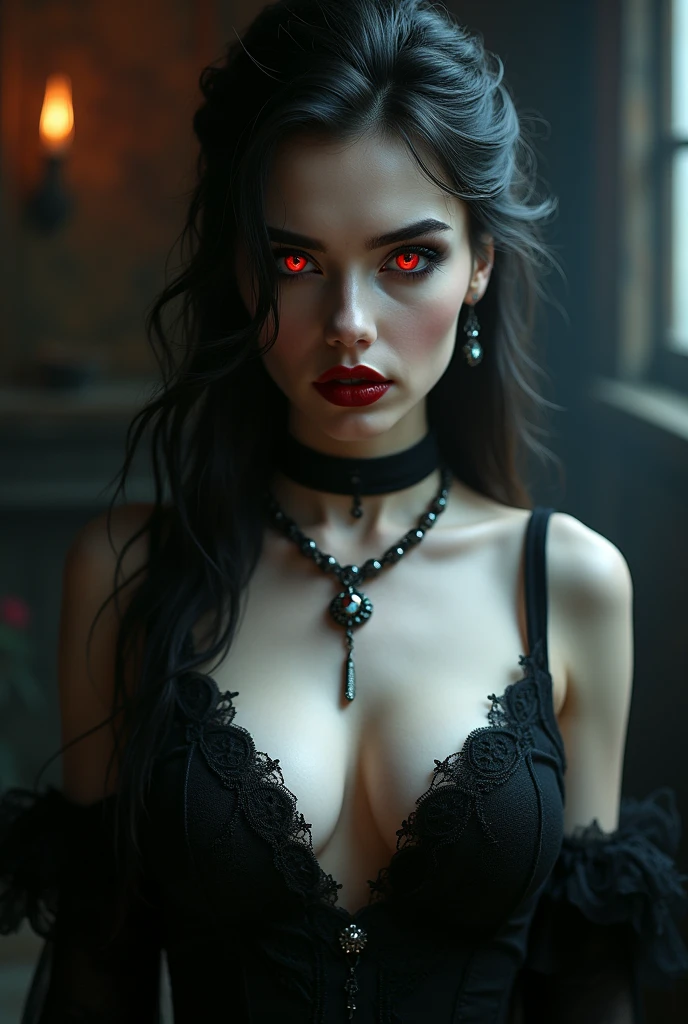 femme vampire avec des canines pointues et apparent et des yeux rouges