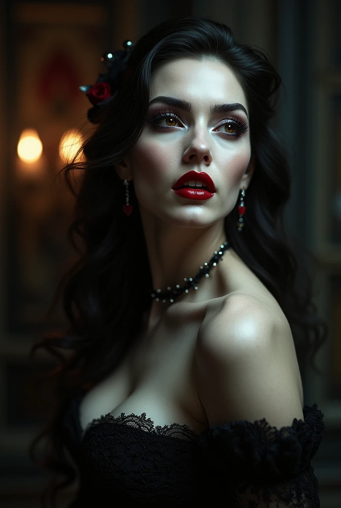 femme vampire avec des canines pointues et apparent et des yeux rouges