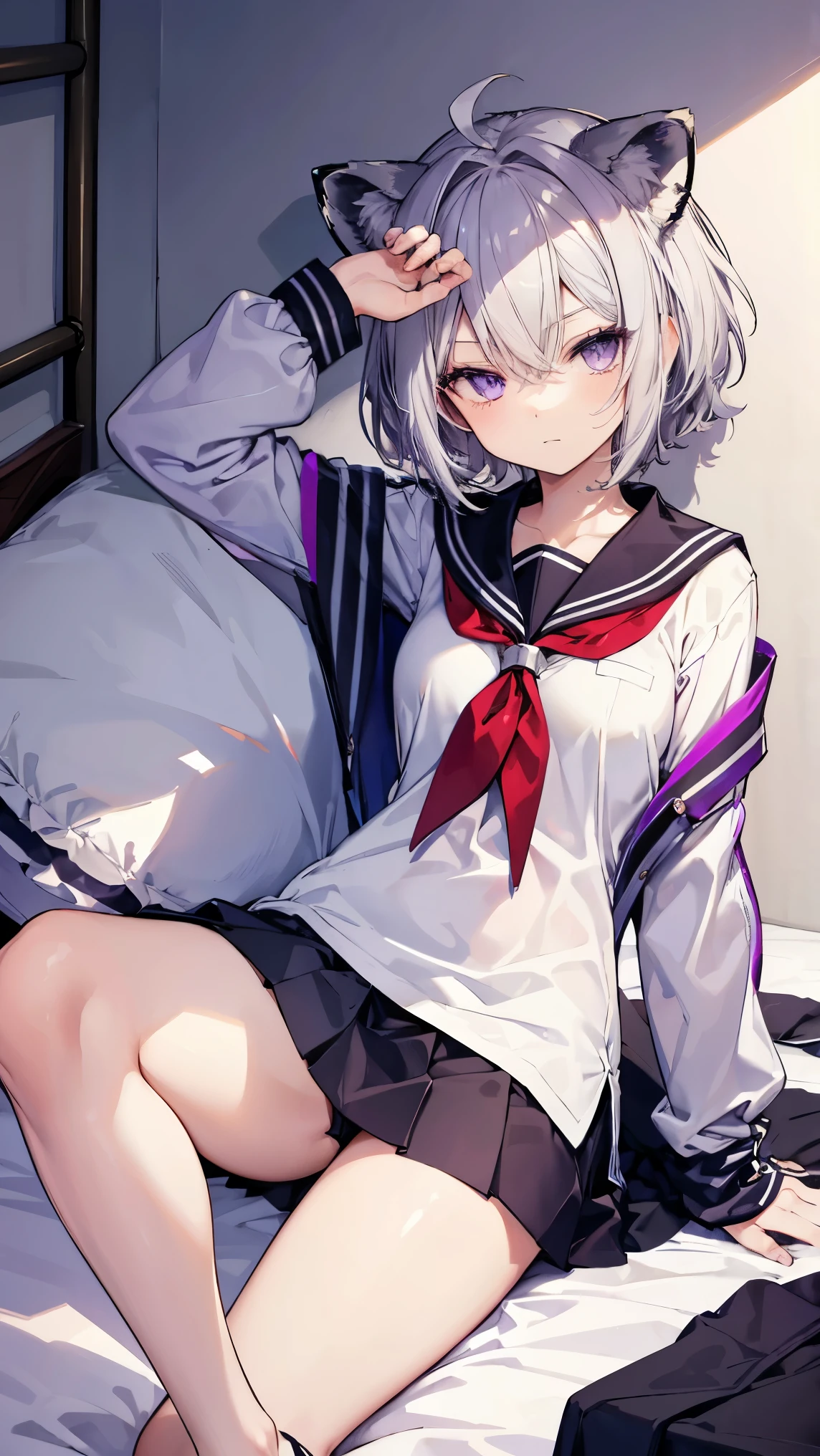 ,Highest quality,Silver Hair,Lion tail,Lion ears,Purple Eyes,Very short hair,Straight Hair,Flat breasts,Slanted Eyes,Sailor suit,Bedroom,On the bed,slender,