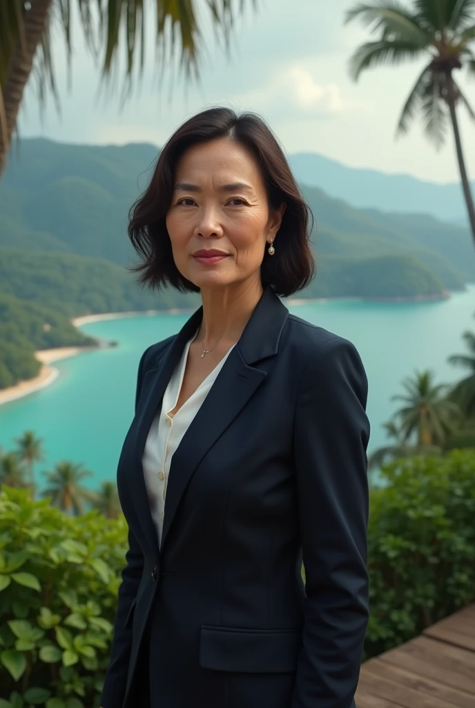 creates a female president, looking 60 years old, Brunetette, with a determined and confident look, from a tamaru country (fictional country), which is in oceania. 
