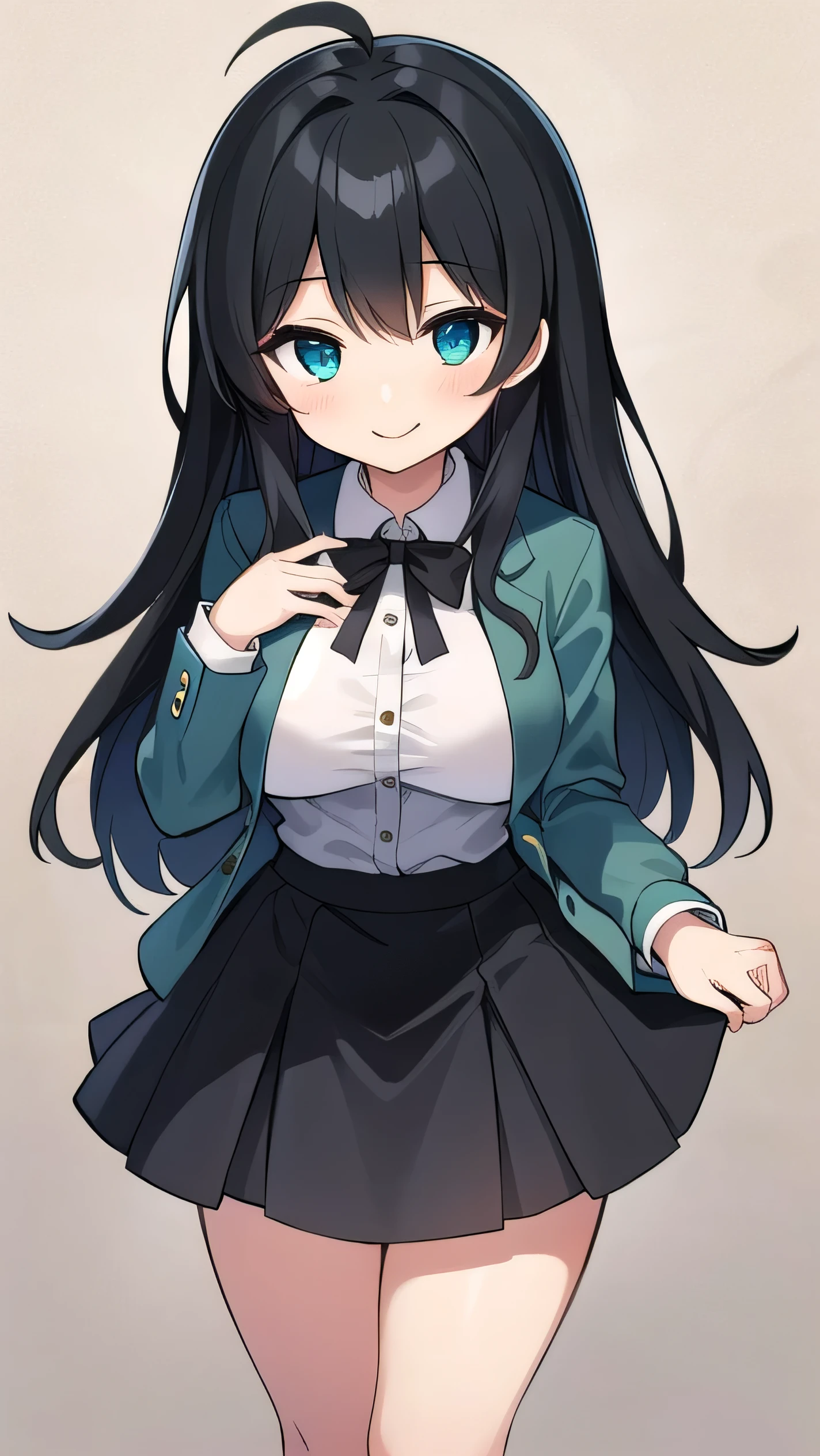 Junior high school student who looks like an elementary school student, , very short, 140 cm tall, black hair with a slight green tinge, short ahoge, beautiful long hair but with a little hair sticking out, beautiful round eyes, blue eyes, smile, boyish, long sleeves, Thick clothes, skirt, big breasts, hair longer than waist, long hair, childish face, gentle smile, a little shy, black skirt, black hair with a slight green tinge, boyish, gentle smile, jacket one size larger, ( Deep greenish black hair: 1.3)