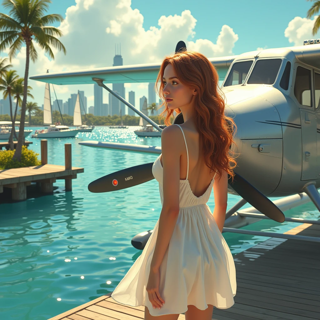 a girl with seaplane at miami docks