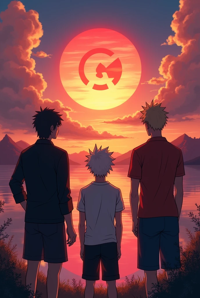 trio that facing to the beautiful sun set and has ph akatsuki letter on top of the image and they're in anime and they're all man and the one guy is 5'5 height and the man on the middle is 5'4 height and the man on the right is 5'7 height and they're all watching the beautiful view 