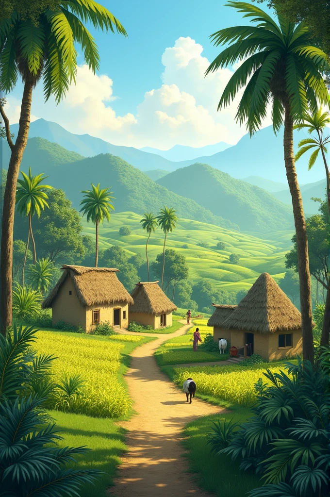 Depict a small, peaceful Indian village with simple huts and lush green fields