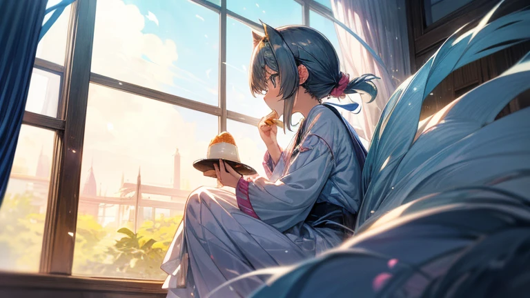Highest quality,Asahiが差し込む部屋,One girl,Eating delicious looking ham and eggs, toast and coffee,listening to music with headphones on,Asahi,Windows are open、Wind、Light、curtain,女の子の髪もWindに揺られている。Lightがキラキラきらめいて美しい。My eyes are at the window。The background is watercolor-like anime style.,部屋の中はLightの粒子が煌めいて幻想的になっている,looking away,full body,side view