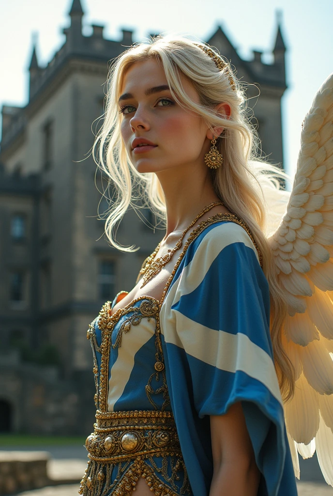 Very beautiful woman angel, Scottish flag themed costumes, Standing in front of Edinburgh Castle