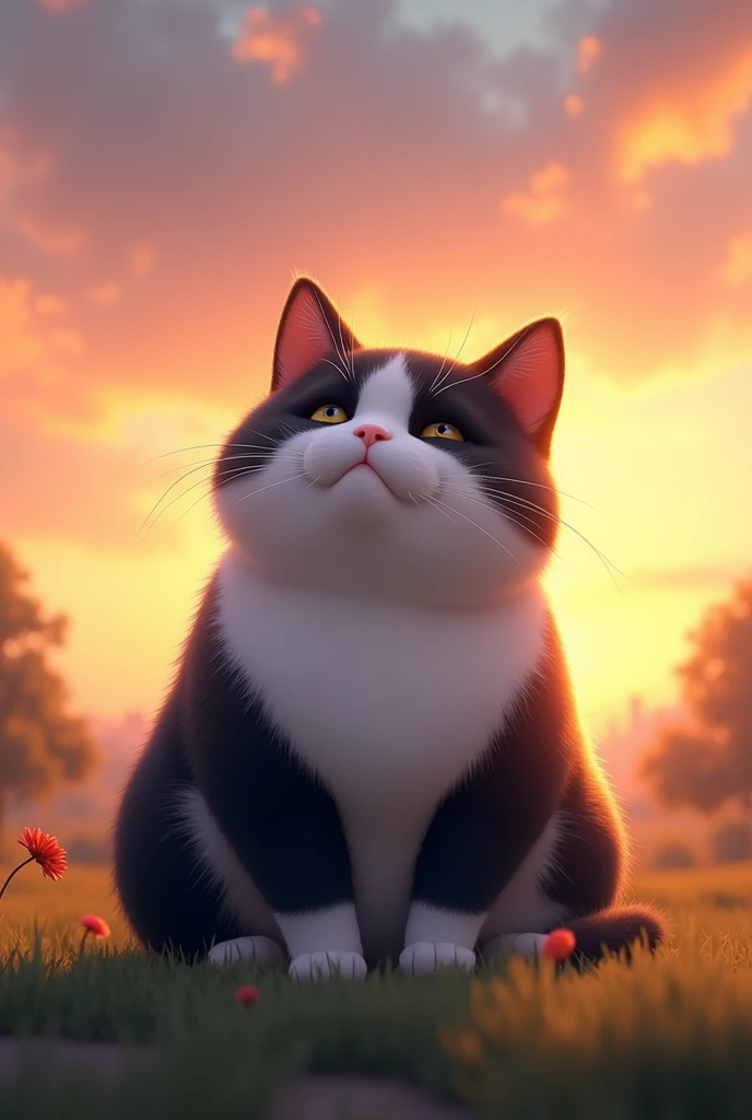 A chubby black and white cat is sitting looking up at the sky at sunset 3d