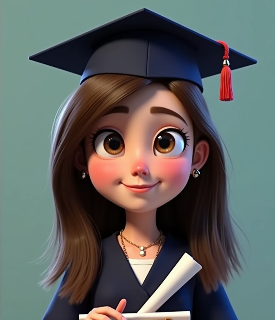 ENERATES A PIXAR GRADUATE WITH LIGHT BROWN HAIR AND DARK BLUE GRADUATION CAP WITHOUT FLOWERS.