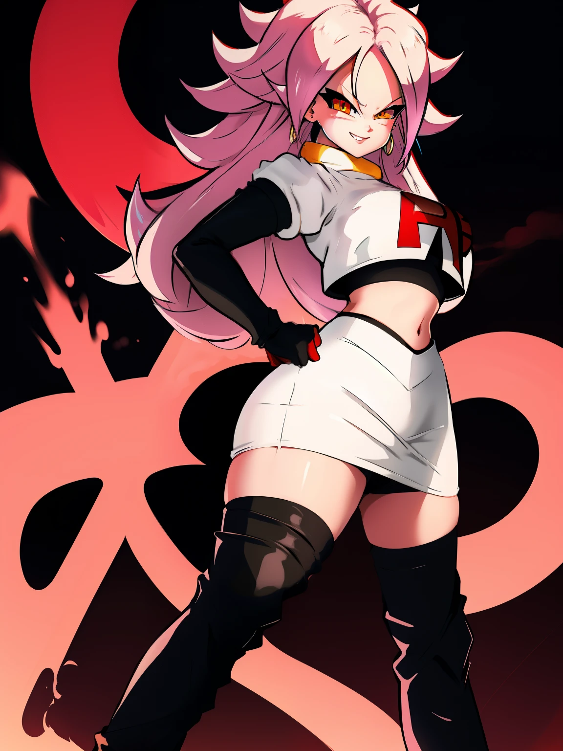 Android 21, team rocket uniform, red letter R, white skirt,white crop top,black thigh-high boots, black elbow gloves, sexy poses, peau rose, evil smiling