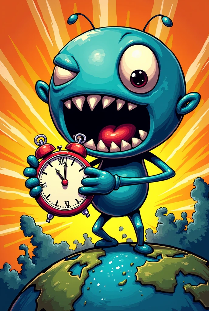 Person who have a head of messenger logo
Gesture and pose:
Messenger head open mouth wanting to eat the clock while manipulating the earth
Make it a comic style use a vibrant colours