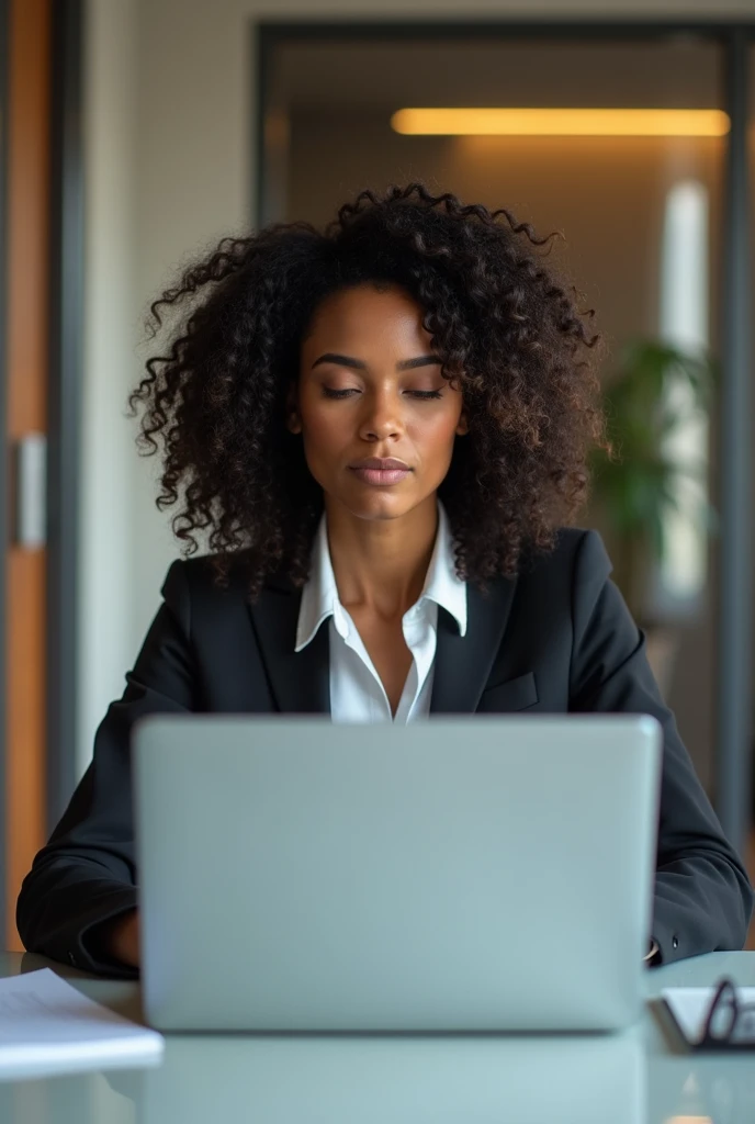 Light skin black woman with loose curly hair in office using laptop. Realistic Boss Pose.