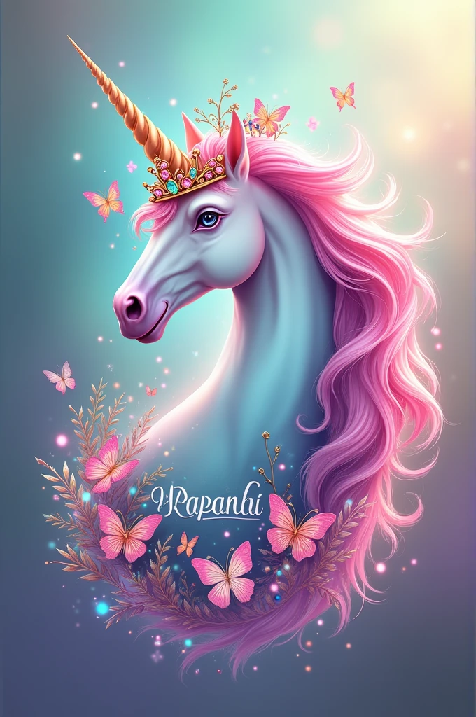 Logo with unicorn with pink and aqua green mane wearing a crown with butterflies and glitter with the words “Papelaria Paraíso Encatado” written on it