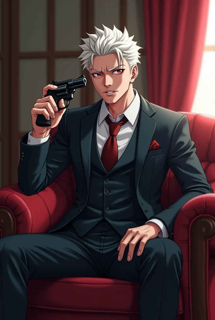 Man with white hair and red eyes, with a slight psychopathic smile, with formal suit, in a room, sitting on a comfortable, pointing a drum-loaded revolver at the side of the head. cheered up. anime.
