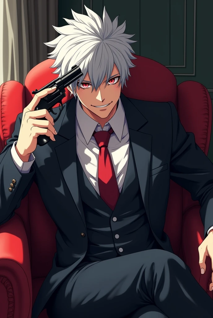 Man with white hair and red eyes, with a slight psychopathic smile, with formal suit, in a room, sitting on a comfortable, pointing a drum-loaded revolver at the side of the head. cheered up. anime.