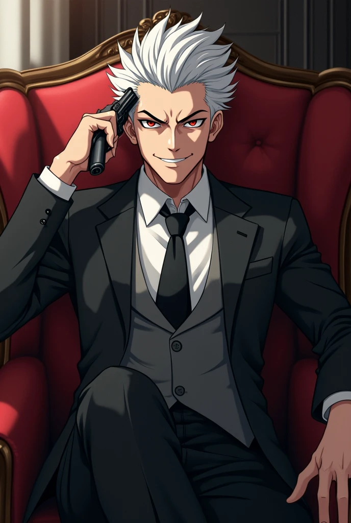 Man with white hair and red eyes, with a slight psychopathic smile, with formal suit, in a room, sitting on a comfortable, pointing a drum-loaded revolver at the side of the head. cheered up. anime.