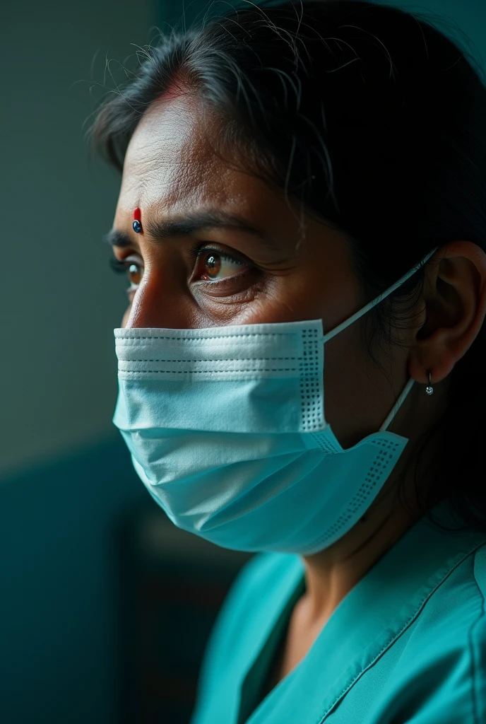 A Indian lady doctor wearing a mask is crying, with tears falling from her eyes