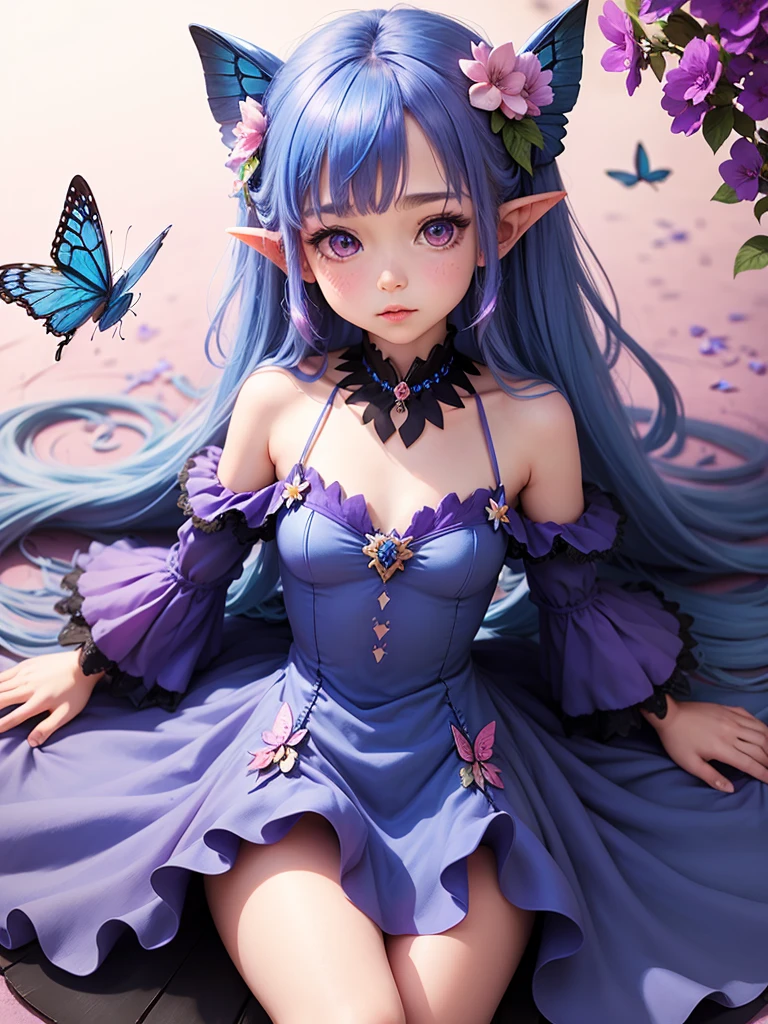 cute little Fairy, blue butterfly, bluepurple hair, pink eyes, bluepurple dress pointy ears dress made of petals leaves