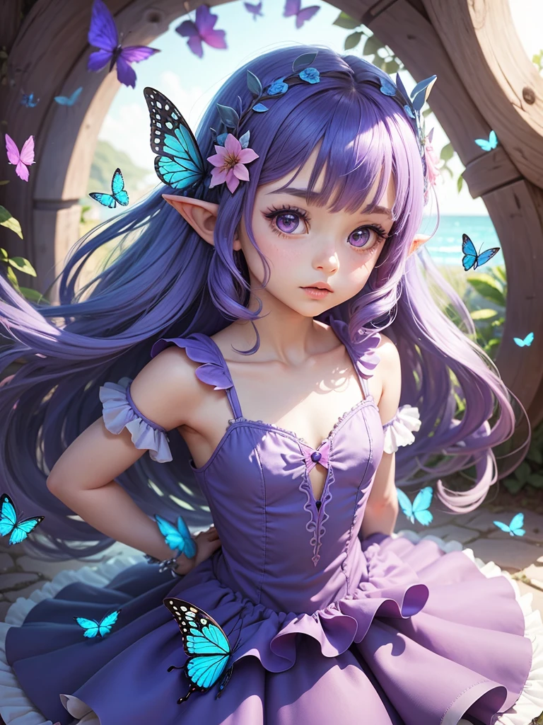 cute  Fairy, blue butterfly, bluepurple hair, pink eyes, bluepurple dress pointy ears dress made of petals leaves