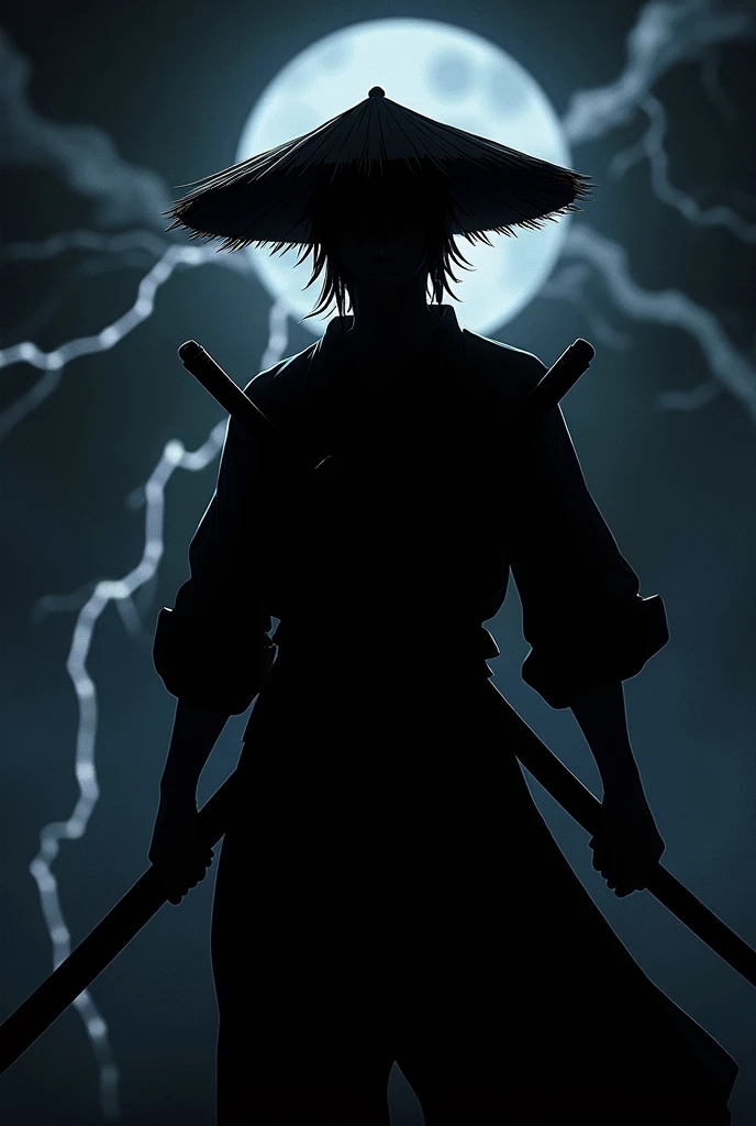 Demon Slayer riichi Tsugikuni。silhouette,There is a black moon in the background。、Show me the sword、He is wearing a straw hat,color is red.、The moon is in the center of the body、No Face。thunder⚡,