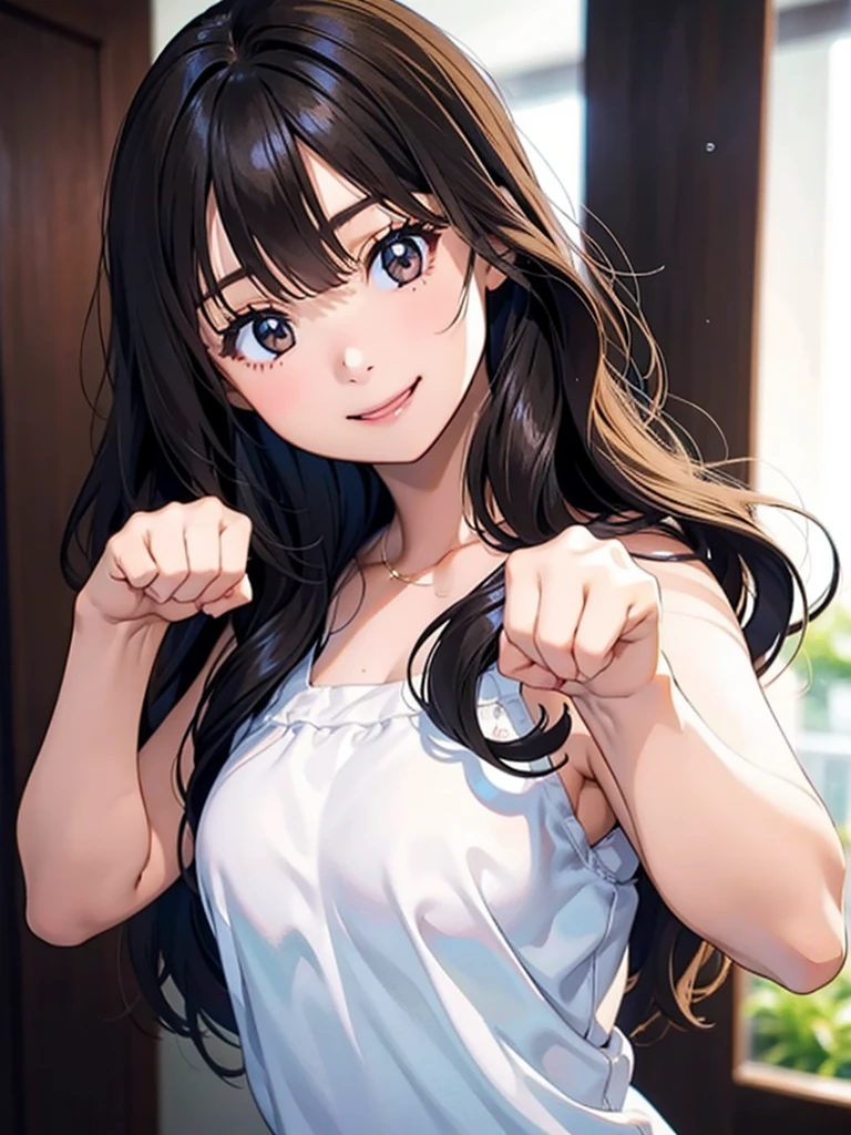 Girl, cute, adorable, smiling, straight hair, long hair, black hair, full breasts, standing,
hands up,
(paw pose:1.2),
(make a fist:1.2), looking at the camera, From the front, my room, morning, Halter Top