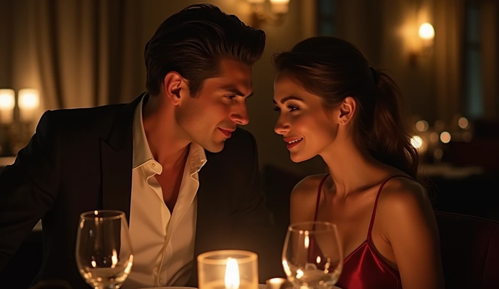 An evening date scene where a man fixes his gaze on a woman with an expression of fascination.