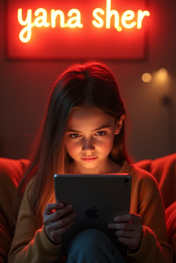 Girl with ipad tablet in hands, photo in warm tones, надпись неон «YANA SHER»