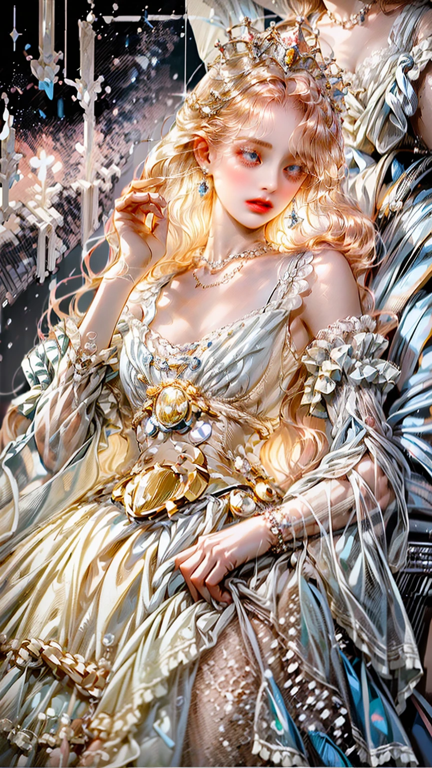 ((best quality)), ((masterpiece)), ((Romance Fantasy)), ((illustration)), (detailed), (clear), (Perfect), 1 woman, mature, pure, expressionless, long pink hair, With bangs, Sapphire blue eyes, abundant eyelashes, Deep double eyelids, pretty lips, big bust, small waist, White dress with lace, Diamond necklace, diamond tiara, Standing in an elegant posture