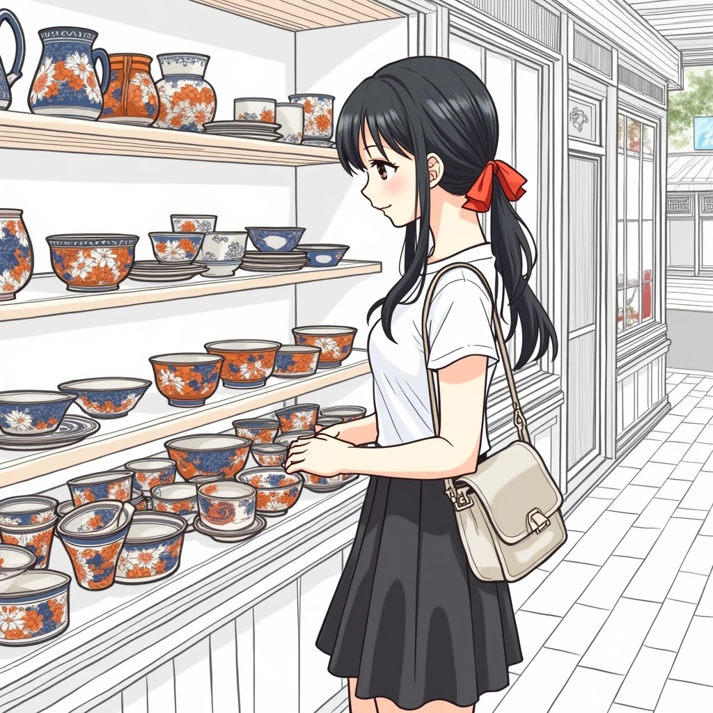 Real anime style, Line drawing on characters,
A girl looking at ceramics, Place your hands in front of your thighs.
She is wearing a white blouse with short sleeves and no frilled collar..
She is wearing a black flared skirt with no pleats.
She is wearing Casual clothes.
Her hair style is low twintails with red ribbons, low pigtails, very long length and black.
Bag on the shoulder, Late teens, Small breasts, Has dark brown eyes.
trip, Japanの陶磁器, Kutani ware ceramics, dish, Bowl, Cup, shop, indoor, Japan, door, window, street,
Summer vacation, Daytime.
from side.