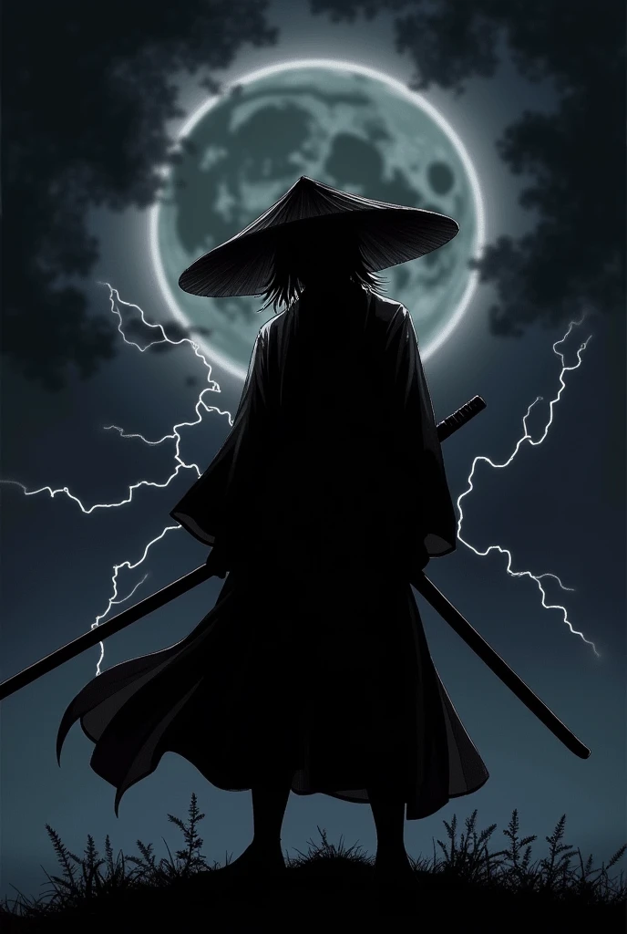 Demon Slayer 1 Yoriichi Tsugikuni。silhouette,There is a black moon in the background。、Show me the sword、He is wearing a straw hat,color is red.、The moon is in the center of the body、No Face。thunder⚡,