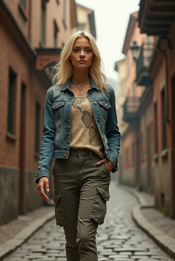 "A fashionable blonde woman wearing a vintage 🔥 denim jacket over a graphic world map top and cargo pants in a historical setting.She walks in town alley the confident era"