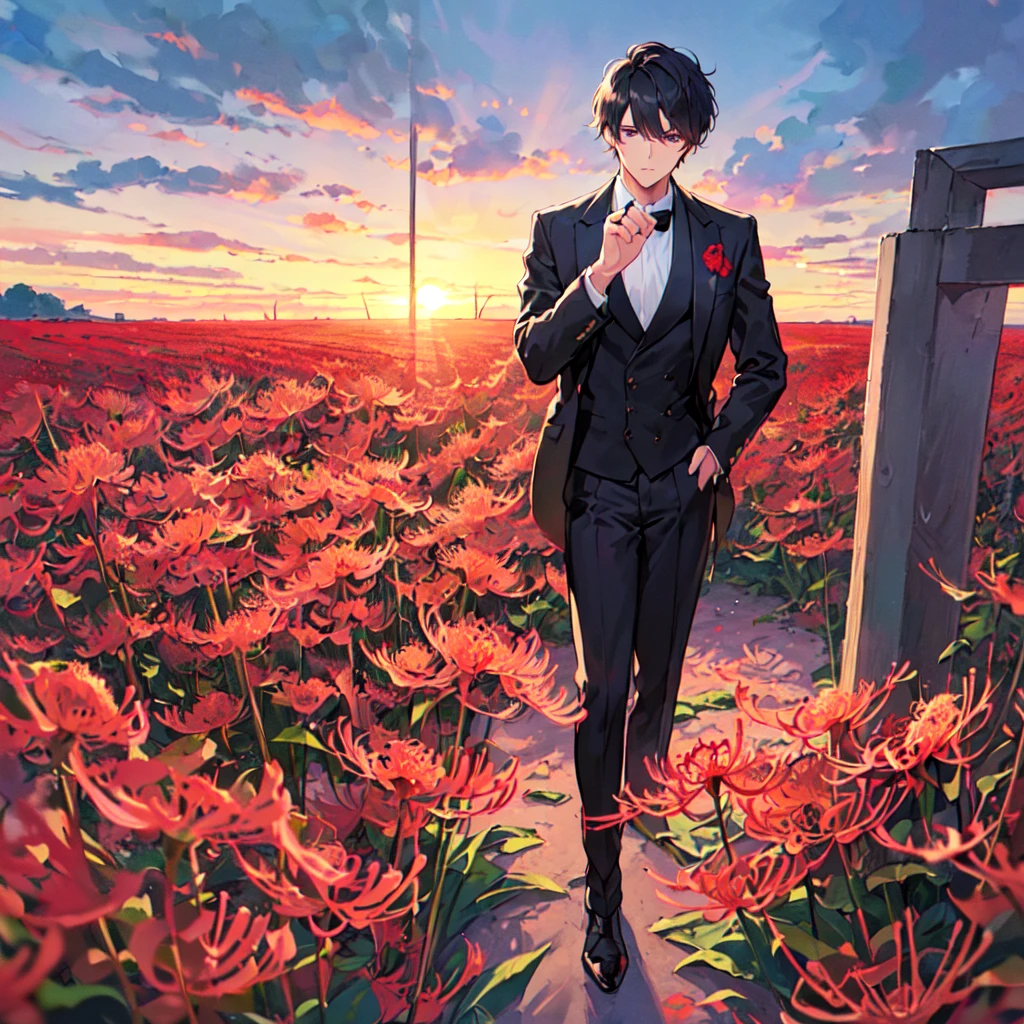 masterpiece,best quality,high quality,(1male austere handsome solo adult age 30 years old:1.5), purple eyes, cool with suspended eyes, V-shaped eyebrows, body strong and fearless 8.5 head tall, height 185cm, (well-groomed black short hair down to neck:1.4), (bangs 7 thirds parted:1.4), slender nose, facial muscles, throat, (black suit black tie black pants:1.3), (standing:1.3), (stylish pose), (cool sad expression:1.3), (Red spider lily flower field:1.3) , (sunrise:1.3)
