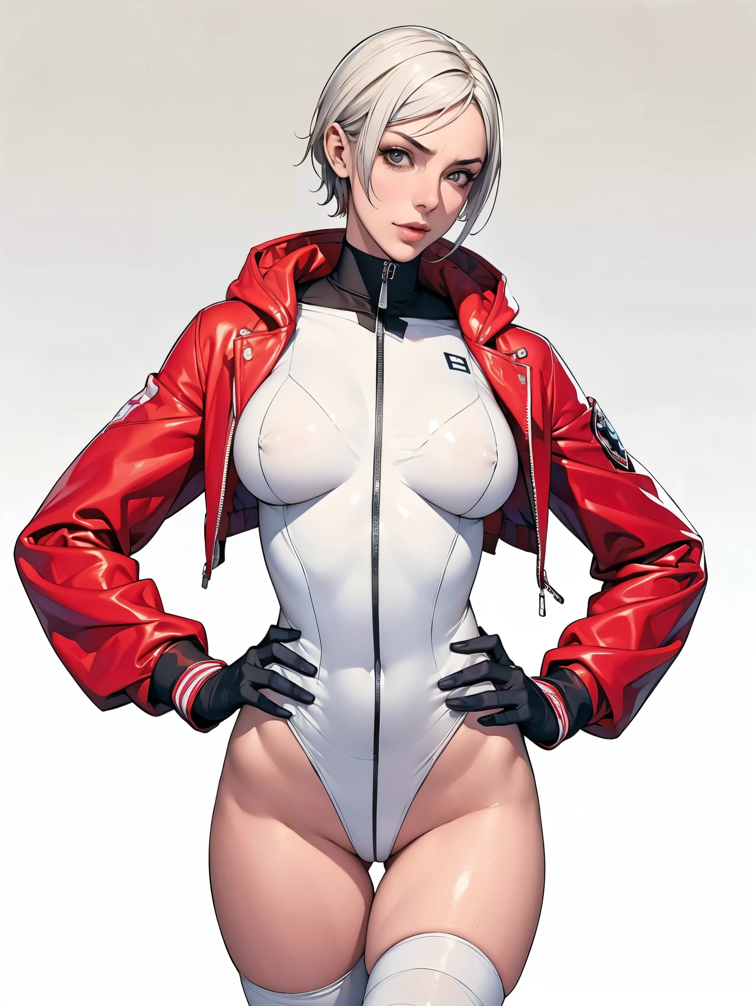 (((Annie Lennox))), (((colorful suit))), (scars), (((bandaged arms))), (((colorful clothes))) (( hood)), (((best quality: 1.4))), (Unbeatable masterpiece), (hyper HD),(CG 8k hyper-realistic), beautiful face, ((( big))), (((hyper feminine))), sexly girl, ((round face)), black tattoo,（ultra short red hair with white highlights)), ((( sculptural body ))), (((1 Kizi))), Kizi tatuada de 25 anos com perfect body, perfect hands, perfect fingers ,Beautiful and well-groomed face, (round face), muscular body:1.2,solid color detailed jacket, (Head to thigh photos)， Complex equipment, ，Tight clothes，With white stars and off-white stripes,,,,,Armor Metal Electronic Parts, Poison tattoos ) INFO, Kizi, (((standing alone))), , 24歳, , pose de attitude, work of art, dancing, ((slight smile)), post-apocalypse, (((manga style))), bounty hunter, the way you want, perfect body, roupa moderna, advanced technology, white, yellow accent, black, red accent, fur collar jacket, sleeves with vertical striped pattern, background city, (( cowboy shot )). intricate visual, narrow waist, (((wide ))), wide , fit thighs, (((thigh gap))), Thigh gap, background shows a futuristic airplane, open expression, expression happy