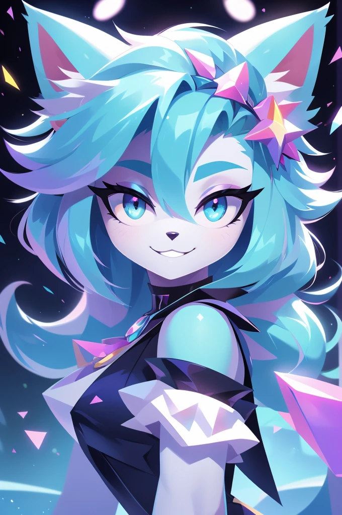 whole body,((best qualityer)), ((Masterpiece artwork)), (detailded), complete body, facing at viewer, face perfect, cabelo roxo, Star Guardian, short cyan hair, heterochromia, eyeballs roxos e cianos, eyeballs roxos brilhantes, long eyelashes, cyan blue fur, cyan blue cat ears, ssmile doce,  magic. purple and cyan hair, long eyelashes, solid circle eyeballs, fake cat ears, light ssmile, ear flush, Gradient hair, heterochromia, Gradient_eyeballs, eyeballs arregalados, students shining, purple eyeballs, cyan eyeballs, ssmile, looking straight ahead, wide plan, 8k, super detaill, precise, best qualityer, work of art, anatomically correcte, High details, high resolution.creative background .
