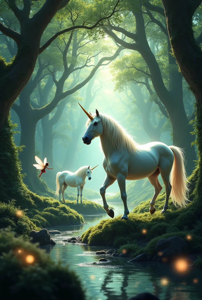 images of an enchanted forest with magical creatures like unicorns, fairies, doings