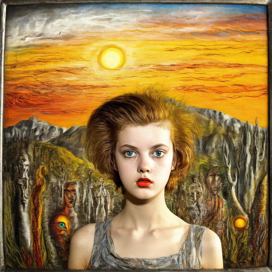 [[(full frontal portrait: young teenager Lindsey Wixson (standing alone!!!) with big beautiful eyes and a short bob in the shape of an oblique twist, crimson)((Austin Osman Spare and Ernst Fuchs style!!!))])):20]/[fund: Renaissance landscape, Impressionism and expressionism, old screen, (silver haze sunset), ((Leonora Carrington Landscape Style:1,6))]/[very colorful,((oil painting palette knife))((work of art)),((higher detail))]]