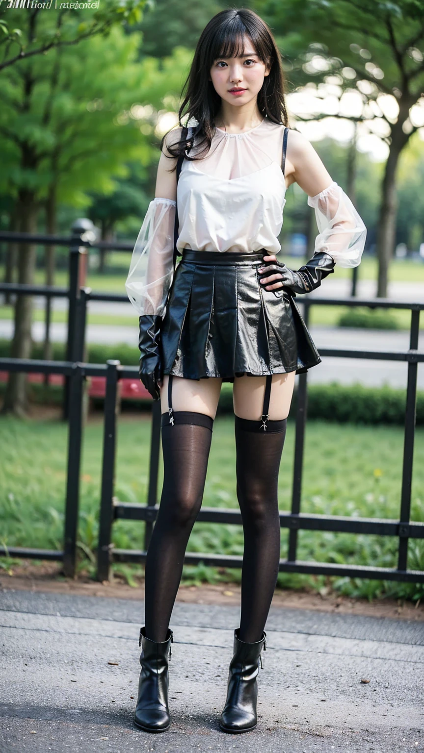 (8k、RAW Photos、Highest quality、masterpiece:1.2)、(Realistic、Realistic)、1 person、((black and white、pink、See-through、Curly Hair、Cleavage、tights、Gloves、Garter Ring、mini skirt、Thin legs、whole body、boots、View from the front、Looking into the camera、Night Park、Stand with hands on hips))、cute