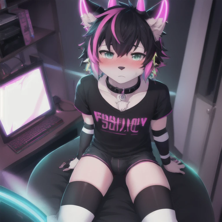High Resolution, Best Quality, Blush, solo, Femboy, Neon, neon background, Earrings, Horns, white fur, male kemono furry, short hair, dyed hair, fluffy tail, collar, tech wear, graphic shirt, shorts, arm warmers, striped black thigh highs, gothic, bulge, gaming on pc, gamer, sitting, bedroom, lightly blushing, Depth Of Field, Lens Flare, Glowing Light, Reflection Light, God Rays, Anatomically Correct, From Above, POV,