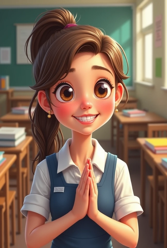 Make a caricature as a perpetualite striving to live as a perfect student, good child, righteous christian. Consider the factors that make you whole. (gender: girl) (bg: school) (Make the girl happy)
