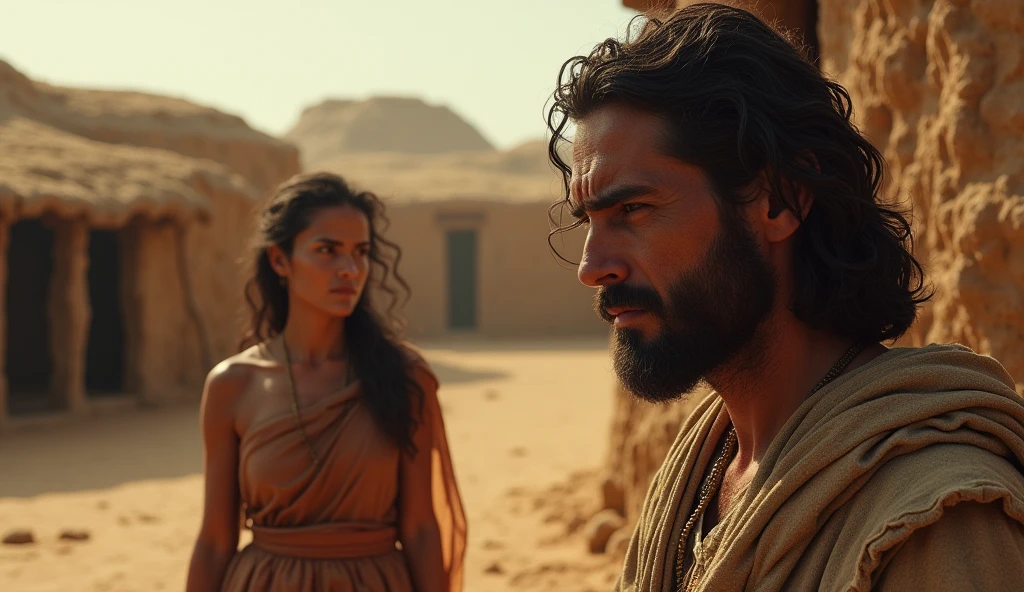 A realistic biblical scene set in a harsh, desert-like environment with simple, ancient shelters. In the foreground, a woman stands beside Cain, who appears deeply remorseful, with a sorrowful expression. The woman gazes at him with a mix of compassion and fear, symbolizing her internal struggle. The atmosphere reflects the pain, loss, and search for purpose, with dramatic lighting casting shadows over their faces, emphasizing the emotional intensity.

