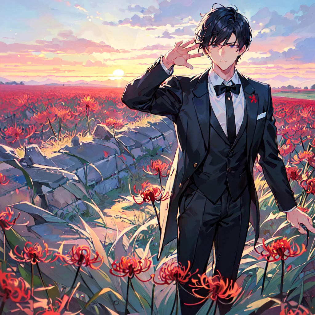 masterpiece,best quality,high quality,(1male austere handsome solo adult age 30 years old:1.5), purple eyes, cool with suspended eyes, V-shaped eyebrows, body strong and fearless 8.5 head tall, height 185cm, (well-groomed black short hair down to neck:1.4), (bangs 7 thirds parted:1.4), slender nose, facial muscles, throat, (black suit black tie black pants:1.3), (standing:1.3), (stylish pose), (cool sad expression:1.3), (Red spider lily flower field:1.3) , (sunrise:1.3), (upper body:1.3)