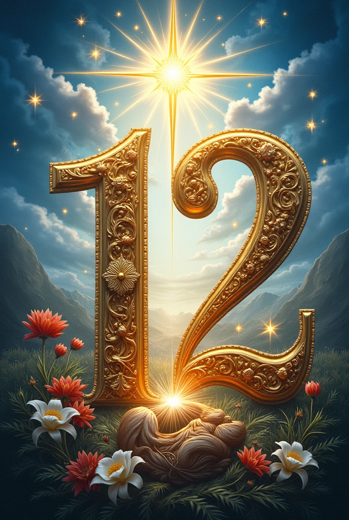 Create an image that is divided into 12 parts, forming a complete design when joined together. The central image must be a number "12" stylised, with significant Catholic elements, like the Holy Family in the background, like Jose, Mary, and Jesus in a harmonious scene. the number "12" deve ser destacado em doradas, surrounded by a luminous halo that symbolizes fullness and perfection. Each of the 12 parts of the image must contain religious details, like little crosses, doves, lilies and stars, smoothly integrating the Nativity theme and divine love. Use a color palette that matches sky blue, doradas, white and red, reflecting the sanctity and majesty of the scene.