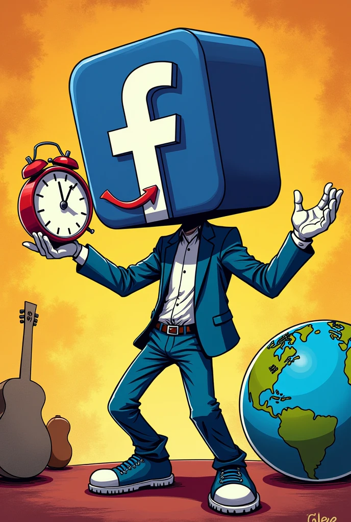 Person who have a head of facebook logo

Gesture and pose:
Facebook head open mouth wanting to eat the clock while manipulating the earth

Make it a comic style use a vibrant colours