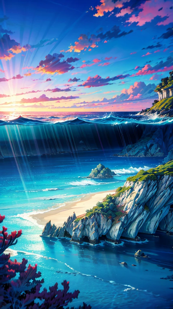 "A beautiful underwater scene in an anime style, featuring serene and clear blue water with rays of sunlight filtering through, highlighting vibrant coral reefs and colorful marine life. The background includes soft, distant waves with small bubbles rising. The scenery is detailed and immersive, capturing the beauty of nature and tranquility of the ocean. Anime Nature, Anime Background, Wallpaper Anime Blue Water, Detailed Landscape, Anime Scenery, Peaceful scenes in anime."