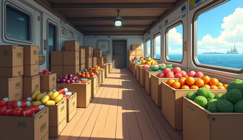 Some pakege foods and in few cardboard kept inside the ship nicely