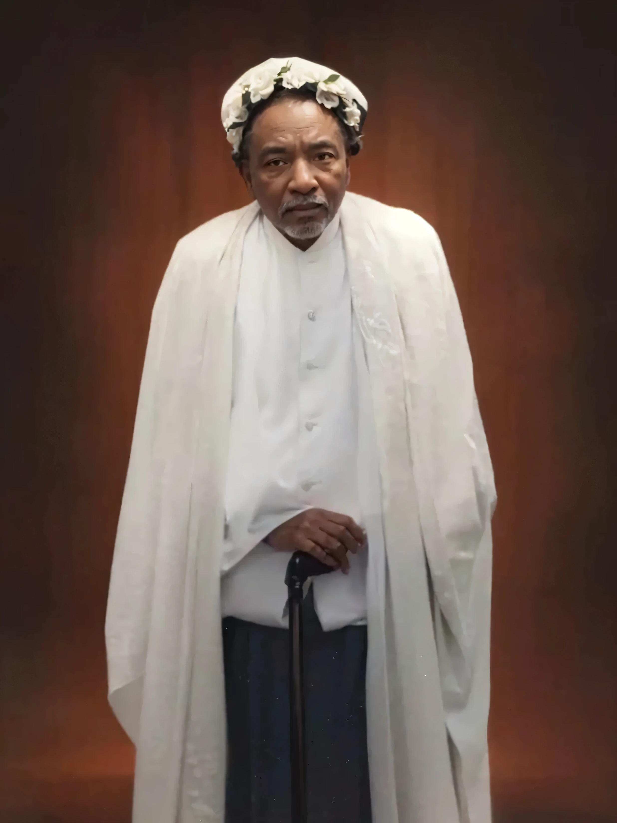 Make this photo look ultra realistic and detailed, arafed man in white robe and hat with cane standing in front of a brown background, adebanji alade, portrait n - 9, inspired by Abdur Rahman Chughtai, close portrait, ceremonial portrait, full body photograph, full protrait, portrait picture, full length portrait, very detailed potrait, realistic portrait photo, profile portrait, very detailed face, very realistic face, very perfected face, very detailed clothes, very realistic clothes, very perfected clothes.