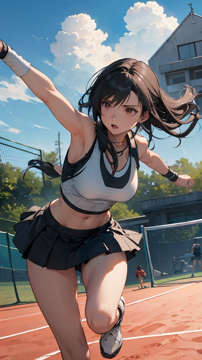 ((best quality)), ((masterpiece)), (detailed), Create a highly detailed image of a tennis player inspired by Tifa Lockhart from the RPG series Final Fantasy. The character should have long, flowing black hair, expressive eyes, and a strong yet feminine physique. She is wearing a modern tennis outfit, with a sleeveless white top, a short skirt, and tennis shoes, all reminiscent of Tifa's iconic style. The scene is set on a sunlit outdoor tennis court, with dynamic action as she prepares to hit the ball, showcasing her agility and strength. The background includes a vibrant blue sky and a few clouds, adding a sense of energy to the scene.