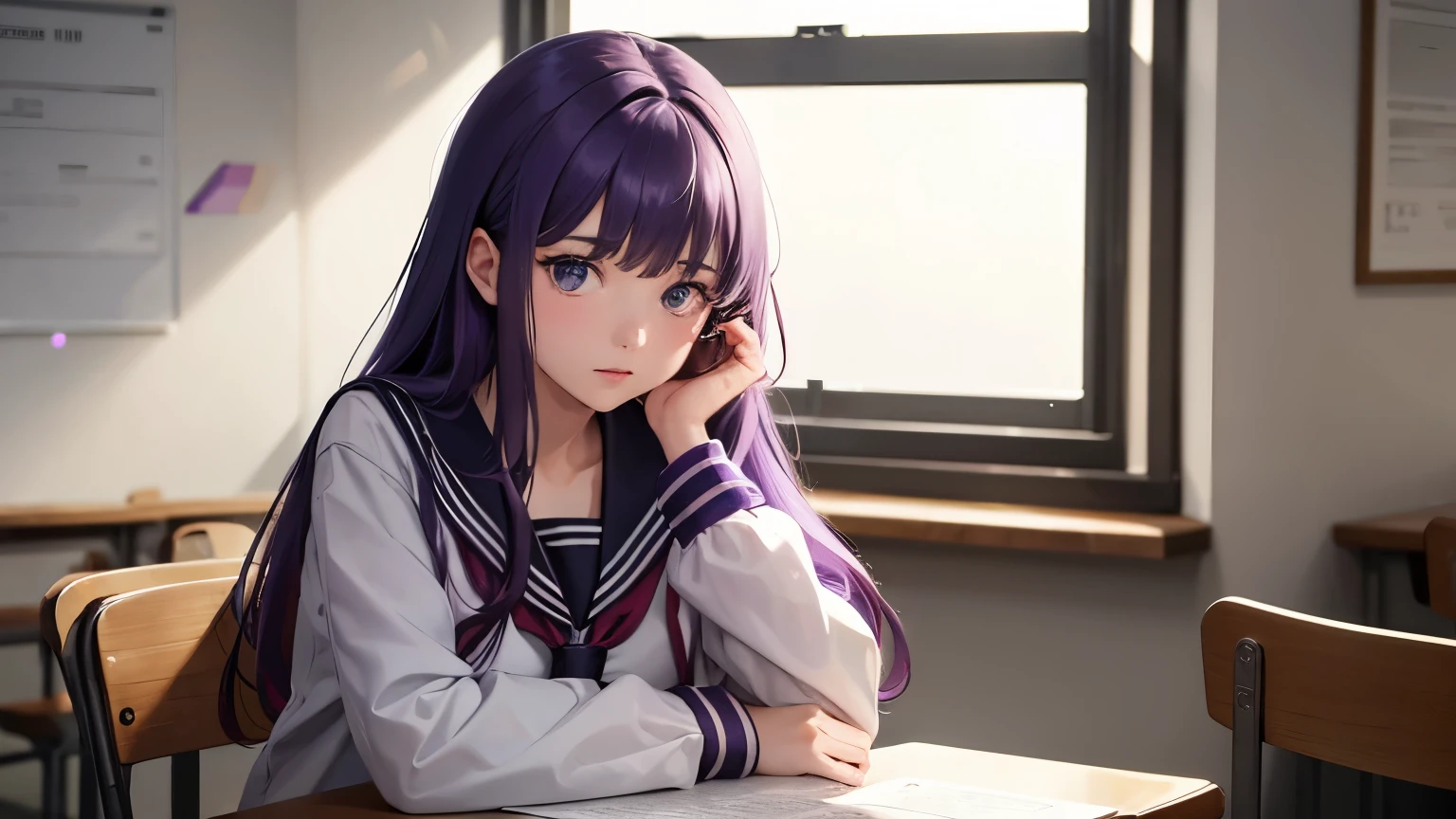 An eighteen-year-old girl with long purple hair and a sailor suit sits in a classroom. (School 1.5th In the background) (Serious expression, Cool 1.5) (best quality: 1.1) (Masterpiece: 1.3) with an unparalleled Masterpiece, Surreal 8k, perfect work of art, Superb details, best quality, Masterpiece 4K wallpaper aesthetics, Masterpiece, award-winning art, official art, movie light